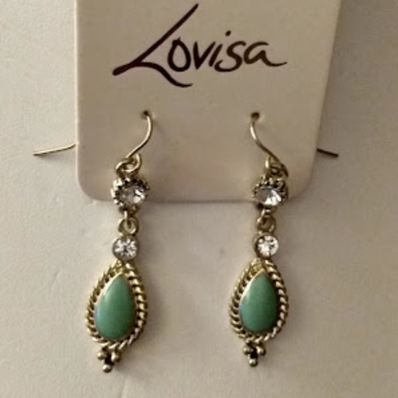 LOVISA Vintage Gold Mint Green Stone/Clear Crystal Dangle Earrings**NEW! - Picture 2 of 2